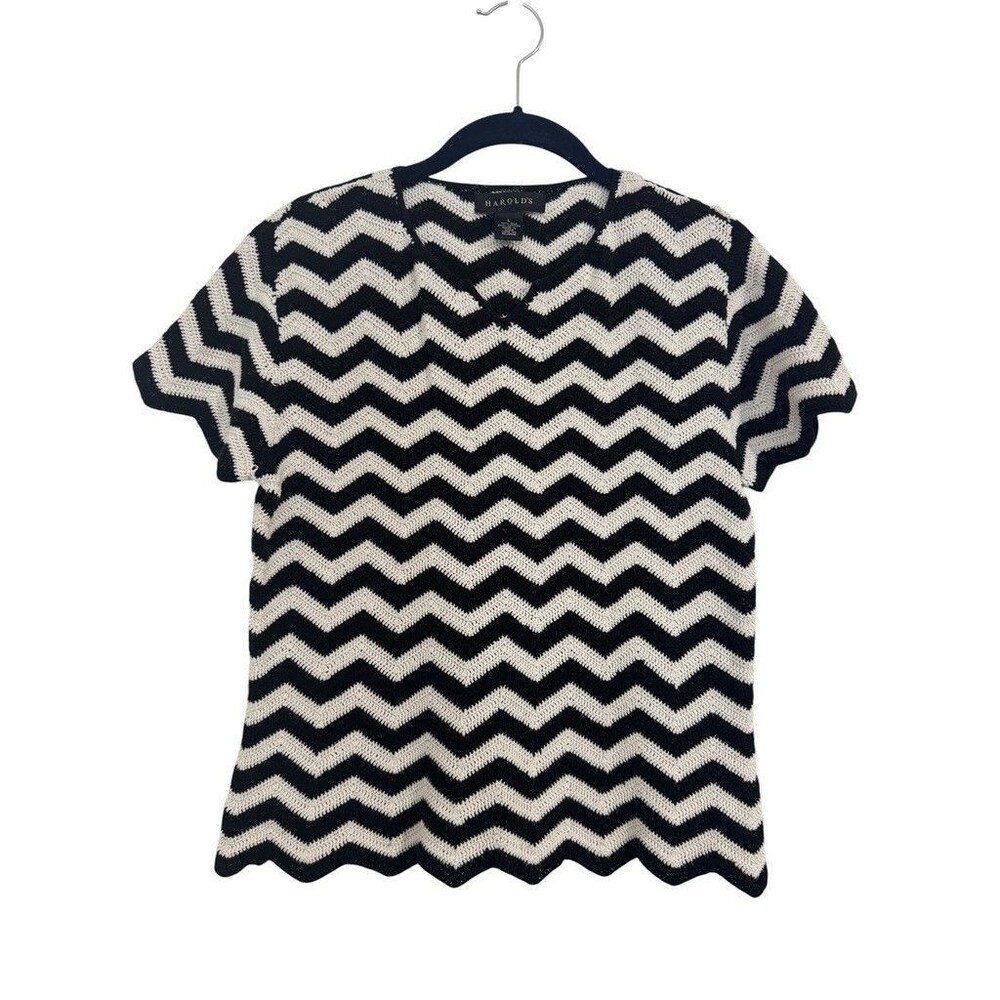 Harold's Chevron Sweater Womens L Black Cream Silk Cotton Short Sleeve Knit